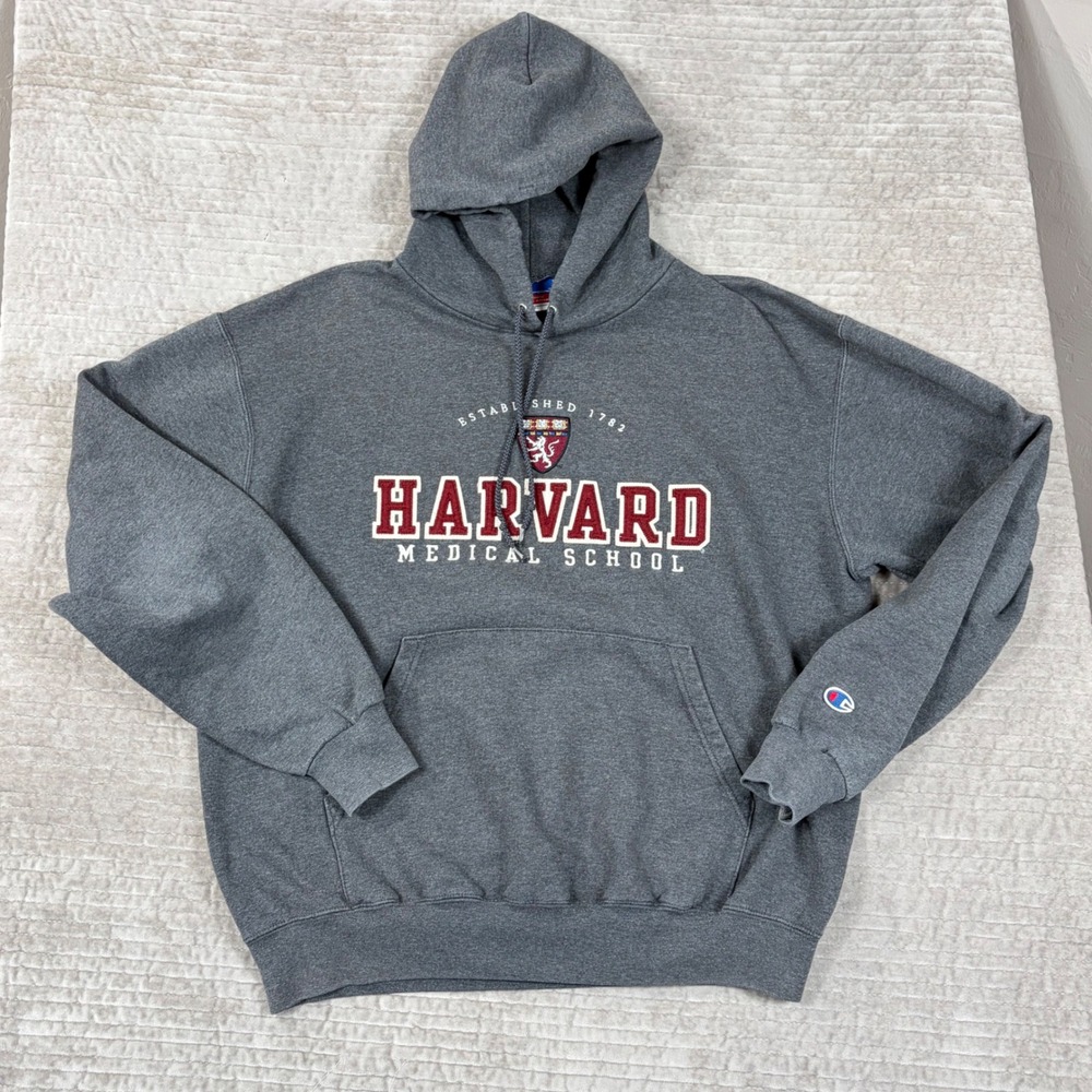 Champion Harvard Medical School Hoodie Gray Embroidered Sweatshirt Mens Large
